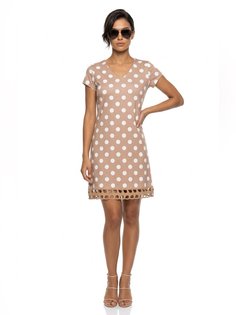 MISSLOOK Beige and White Polka Dot V-Neck Swim Cover-Up